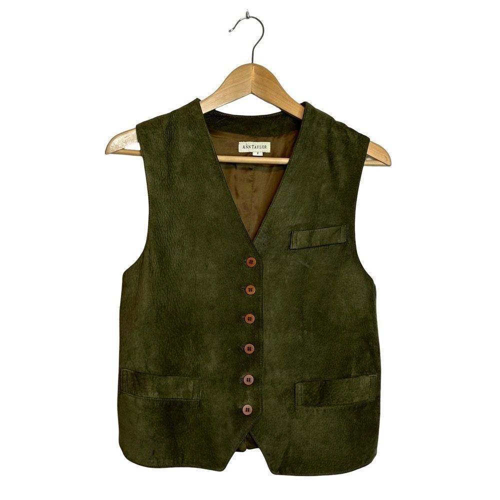 ANN TAYLOR Vintage Dark Olive Green Suede Button Front Vest Size Small Petite